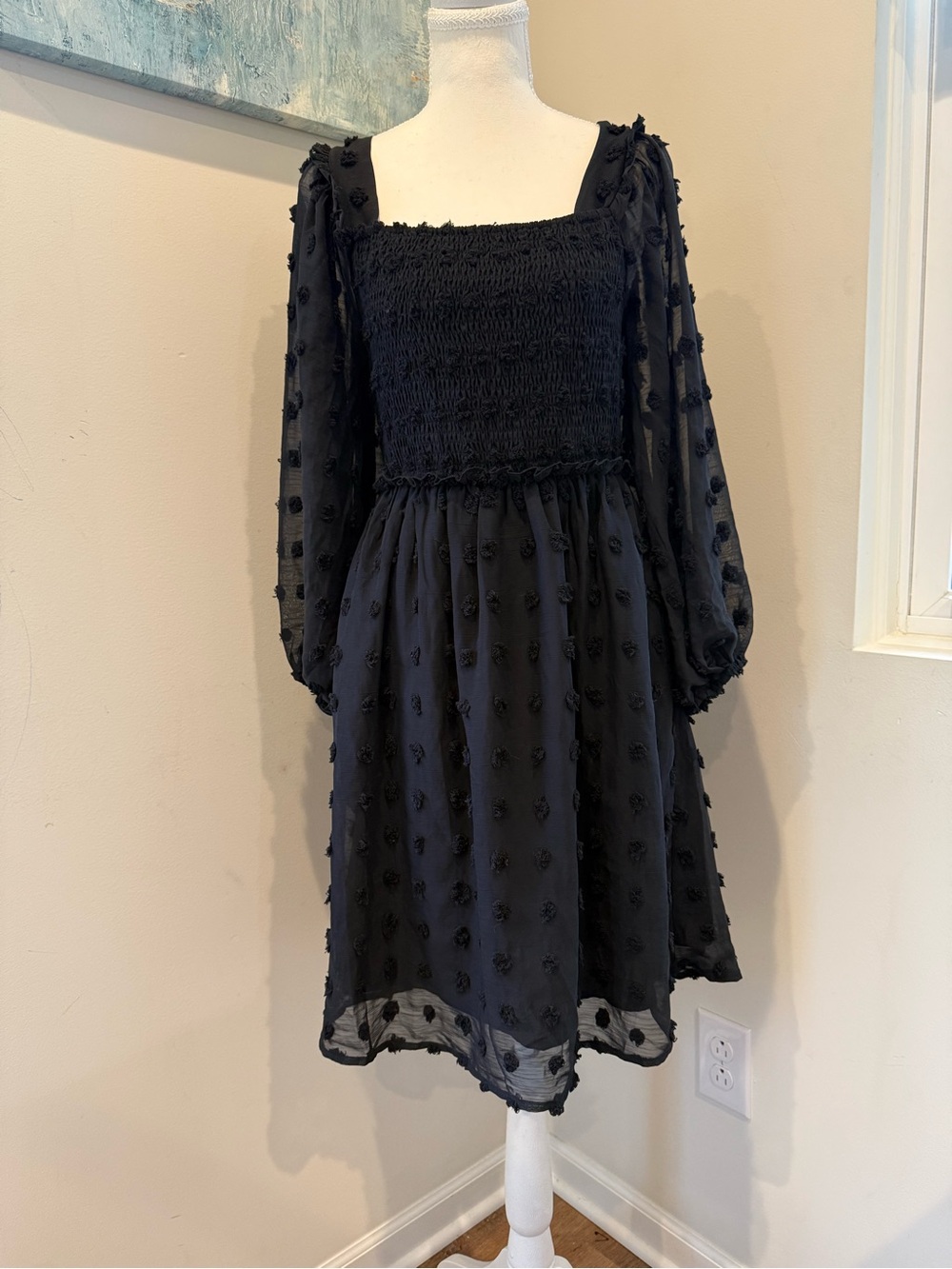 Whimsygoth Black Smocked Square-Neck Midi Dress with Sheer Dot Sleeves Size M